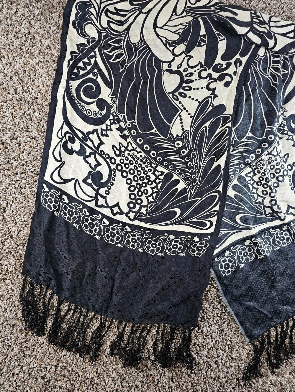 Vintage black and white patterned 100% silk scarf Fringe Hem Floral